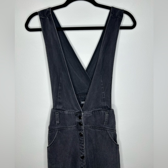 ZARA MEDIUM Button Snap Up Faded Black Denim Pinafore Jumper Overall Dress - Picture 5 of 11